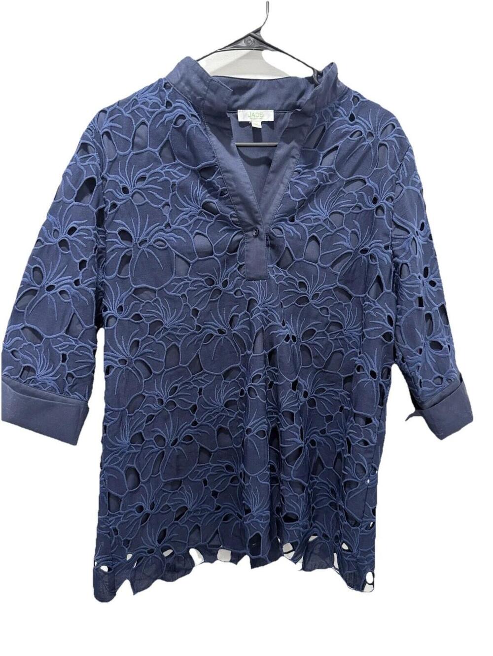 Jade Melody Tam Eyelet Lace Top Floral Tunic Boho Medium Preppy Blouse Blue - Picture 2 of 13